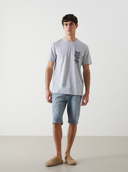 Bisiklet Yaka K?sa Kollu Bask?l? Penye Erkek Ti??rt