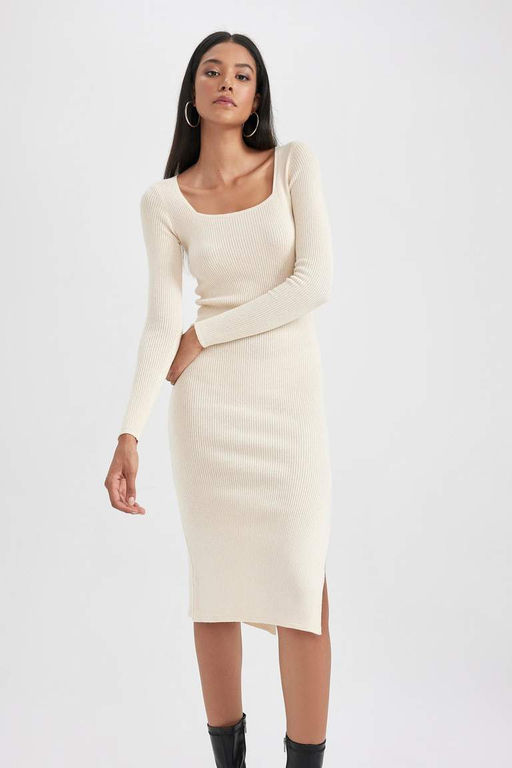 Приталенное платье миди в рубчик с квадратным вырезом и длинными рукавами и разрезом - Defacto фото 7