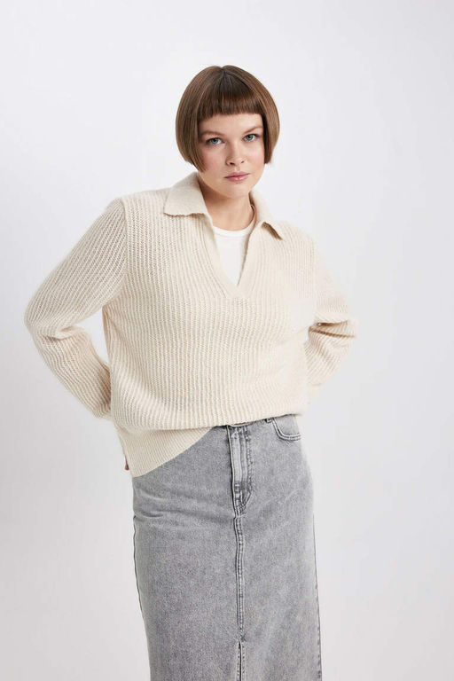 Кружевной свитер с воротником поло и расслабленным кроем - Defacto фото 3