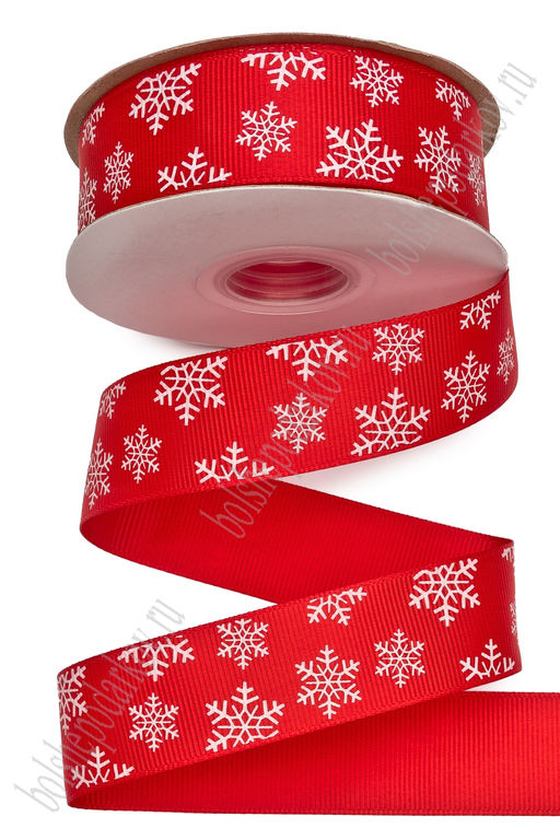 Лента репсовая 2,5 см*20 ярд с рисунком "Снежинки" SF-6133, красный №26