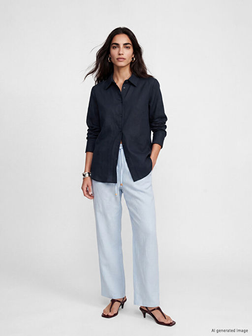 Keten Kar???ml? Oversize Kad?n G?mlek