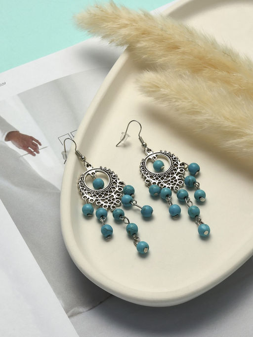 Серьги Бирюзовый мир круг и 5 дорожек бусинок, голубые в чернёном серебре