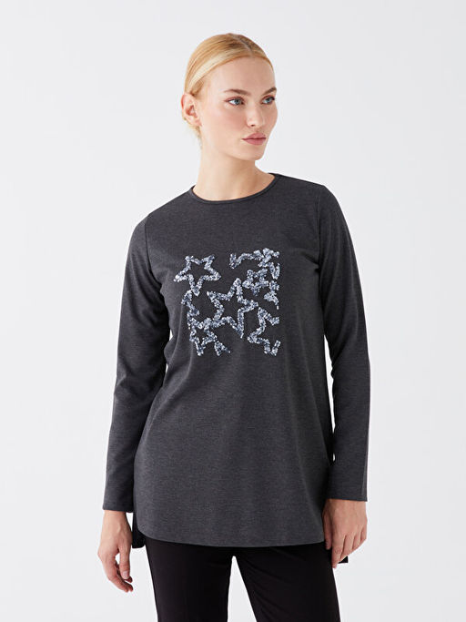 Bisiklet Yaka Nak??l? Uzun Kollu Kad?n Bluz