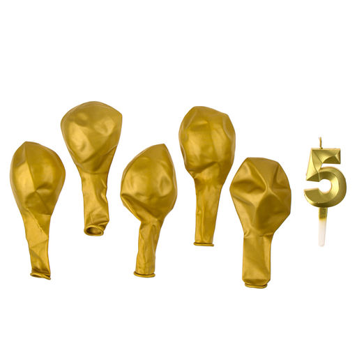 Свеча для торта, цифра 5 + воздушные шары, 5 шт, золото - Страна карнавалия фото 3