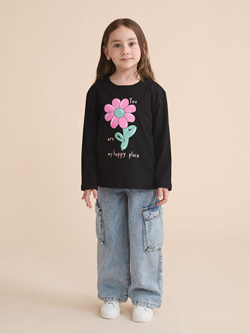 Bisiklet Yaka ?i?ekli K?z ?ocuk Ti??rt