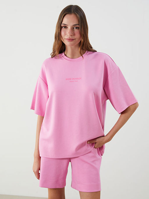 Bisiklet Yaka Bask?l? Oversize Kad?n Ti??rt