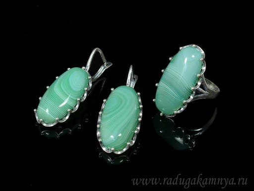 Кольцо Серьги с агатом тонированным, цв. зеленый размер 20