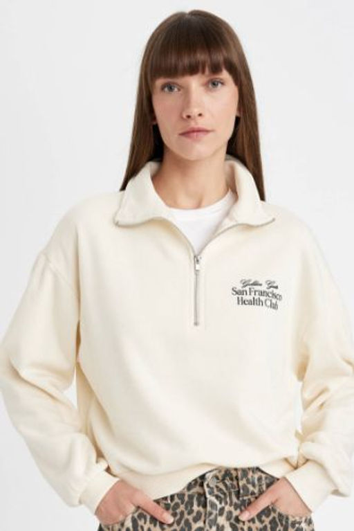 Regular Fit Bask?l? Yar?m Fermuarl? Dik Yaka Kal?n Sweatshirt
