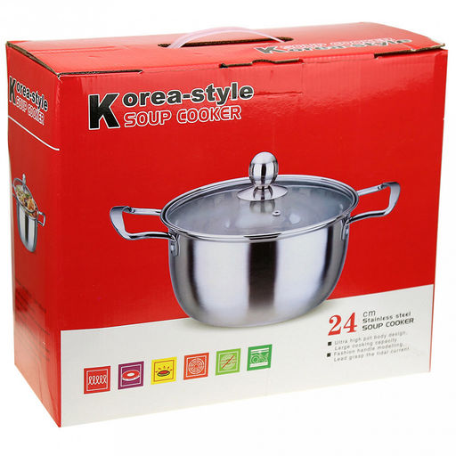 Кастрюля из нержавеющей стали "Горошина" 4,7л, д24см h12,5см, s0,38мм, стеклянная крышка, металлические ручки, с теплораспределительным дном 0,5см, цветная коробка (Китай)