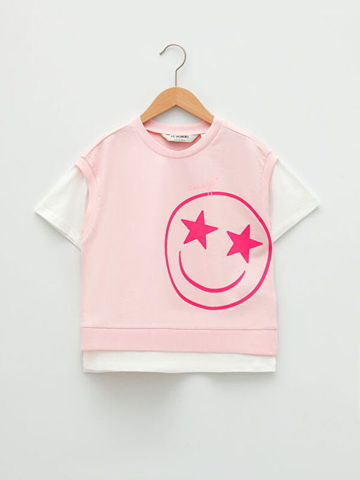 Bisiklet Yaka Emoji Bask?l? K?sa Kollu K?z ?ocuk Sweatshirt