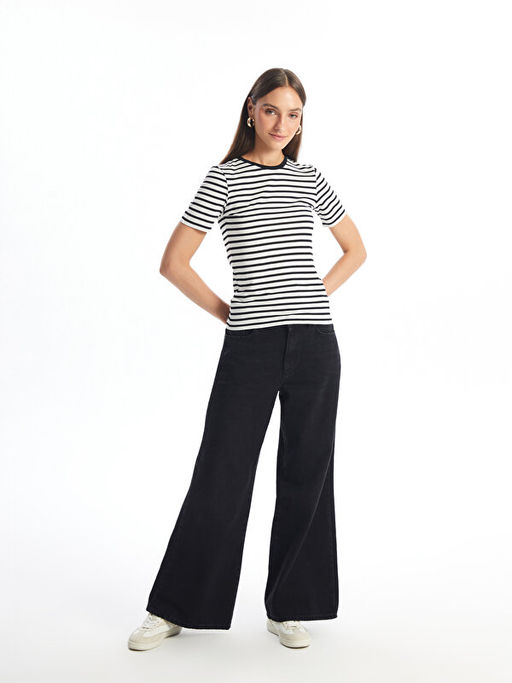 Bisiklet Yaka ?izgili K?sa Kollu Kad?n Ti??rt - Waikiki фото 2