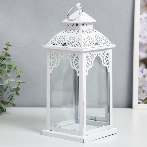 Подсвечник металл "Фонарь - ажур" белый 11,5х11,5х29 см