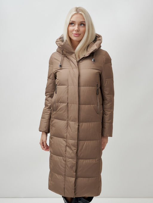 Пальто утепленное стеганное зимнее с капюшоном женское коричневого цвета 9606K