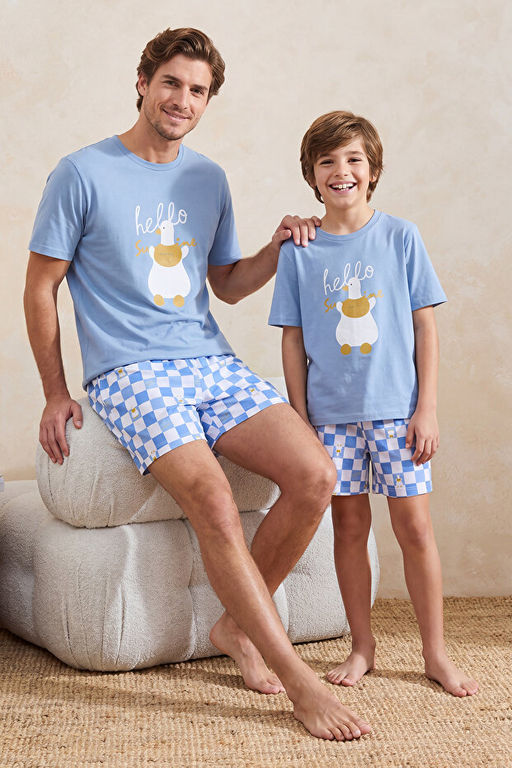 Unisex Mavi K_sa Kollu Pamuklu Ekose Desenli _rdek Bask_l_ _ortlu Pijama Tak_m_ TMNAW26PT00008 - Trendyolmilla фото 2