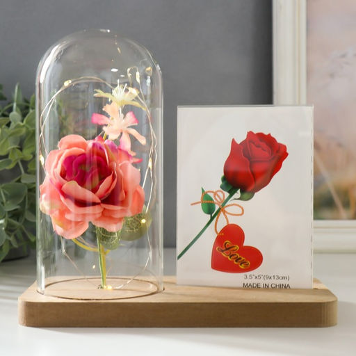 Фоторамка для фото 9×13 см с подсветкой «Розовая роза в колбе», от батареек 2×LR1130, 9.8×19.5×18 см