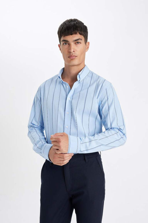 Полосатая тканая рубашка с длинным рукавом Modern Fit - Defacto фото 5