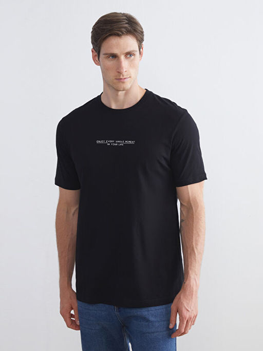 Bisiklet Yaka Bask?l? Penye Erkek Ti??rt