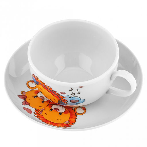 Чашка чайная фарфоровая "Львята" 210мл, д8,5см, h6см, форма "Янтарь", с блюдцем д14см (Россия)