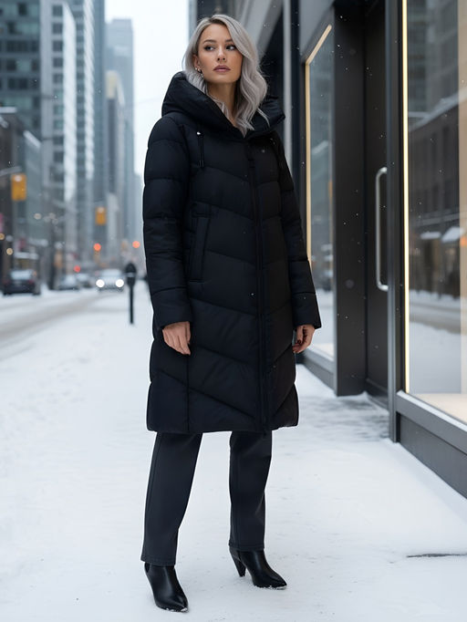 Пальто зимнее утепленное с капюшоном женское черного цвета 1318Ch