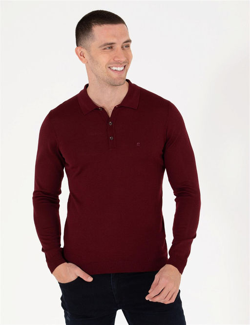 K_rm_z_ Slim Fit Polo Yaka Y_n Kar___ml_ Basic Triko Kazak