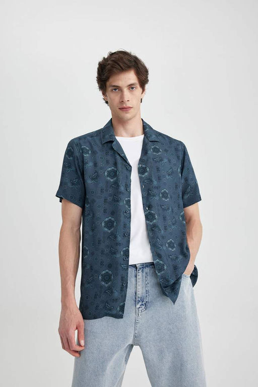 Рубашка из вискозы с коротким рукавом стандартного кроя с рисунком - Defacto фото 5