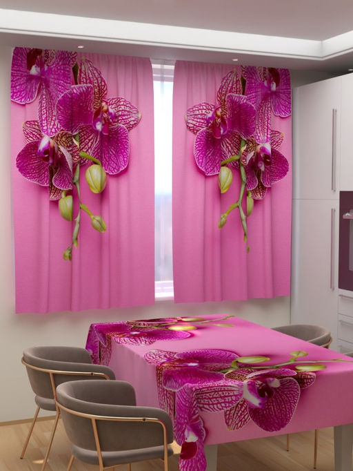 Фотошторы для кухни Розовое блаженство Шторы (Габардин)+Скатерть (145*145)