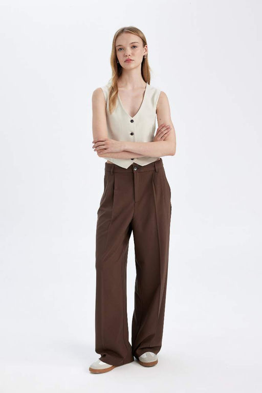 Широкие фланелевые брюки стандартной длины с высокой талией и карманами - Defacto фото 4