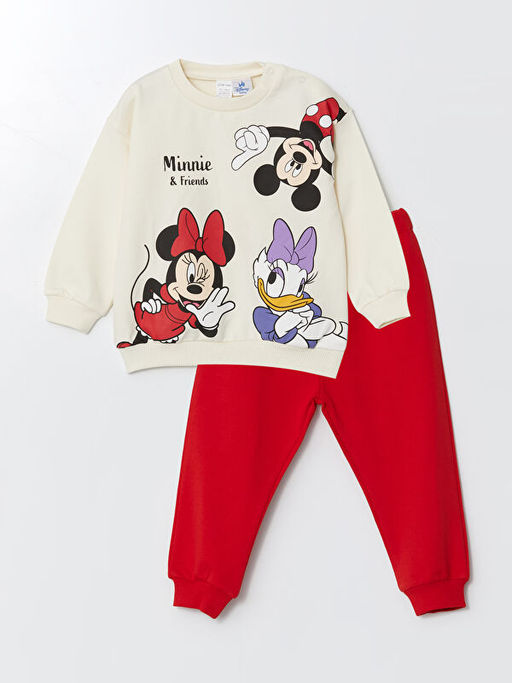 Bisiklet Yaka Minnie Mouse Bask?l? K?z Bebek Sweatshirt ve E?ofman Alt 2li