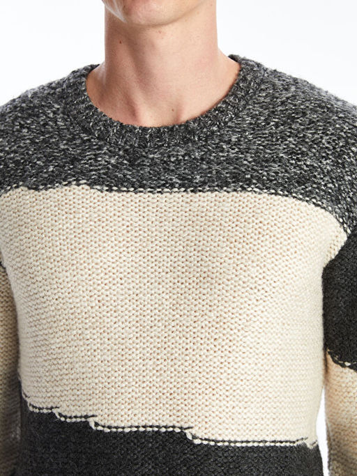 Bisiklet Yaka Uzun Kollu Renk Bloklu Erkek Triko Kazak