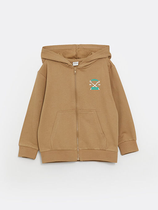 Kap??onlu Bask?l? Uzun Kollu Erkek ?ocuk Fermuarl? Sweatshirt