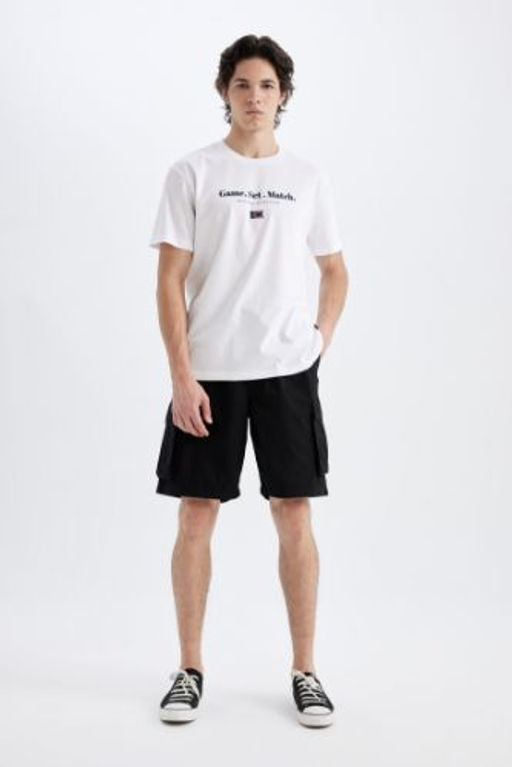 Relax Fit Duz Paca Gabardin Kargo Bermuda Sort