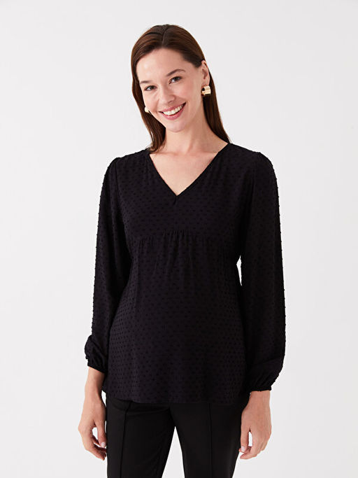 V Yaka Kendinden Desenli Uzun Kollu Vual Hamile Bluz