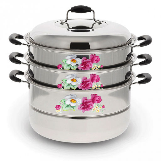 Мантоварка из нержавеющей стали "Kelli" д28см, трехуровневая, зеркальная полировка, ненагревающиеся бакелитовые ручки, стеклянная крышка (Китай)