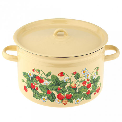 Земляника лесная Кастрюля эмалированная 7л, форма цилиндрическая, металлическая крышка, металлические ручки (Россия)