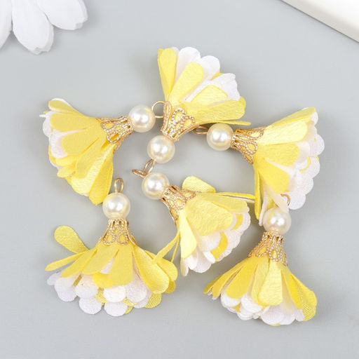 Декор текстиль Цветок 2 с жемчужиной. Жёлтый и белый, набор 6 шт., 3 см