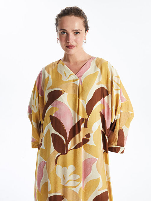 V Yaka Desenli Oversize Elbise