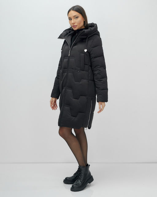 Пальто зимнее утепленное с капюшоном женское черного цвета 7638Ch - Visdeer фото 17