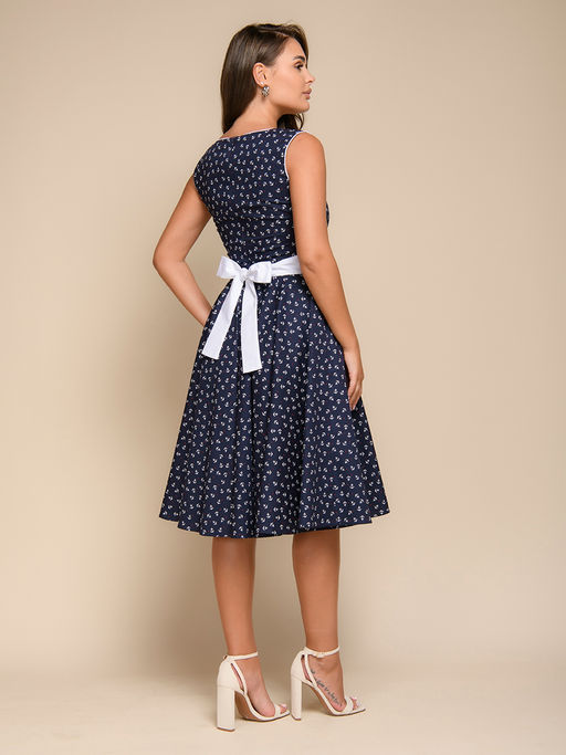 Платье темно-синее с ажурным вырезом и поясом - 1001dress фото 3