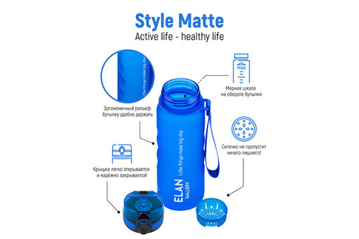 Бутылка для воды 500 мл 6,5*6,5*23 см Style Matte с углублениями д/пальцев, небесная - Elan gallery фото 4