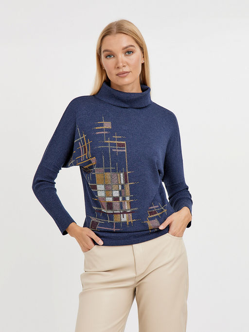 водолазка женская в синем цвете силуэта летучая мышь с добавлением страз - Glenfield фото 3