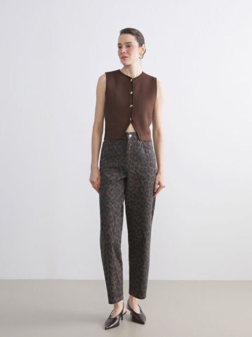 Baggy Fit Leopar Desenli Kad?n Jean Pantolon