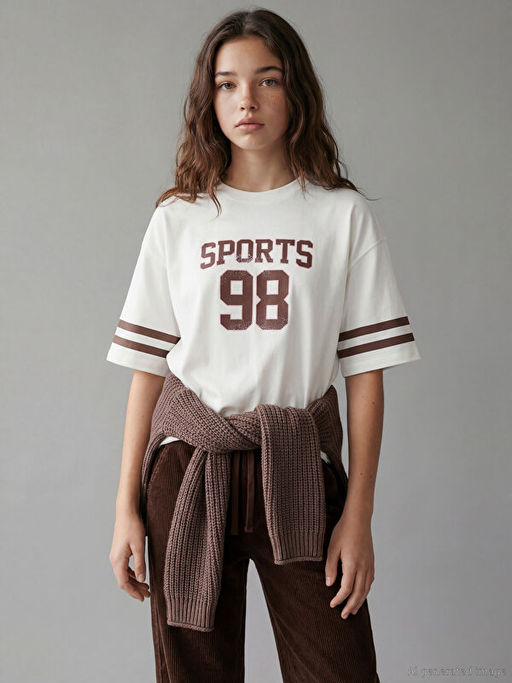 Bisiklet Yaka Bask?l? K?z ?ocuk Ti??rt