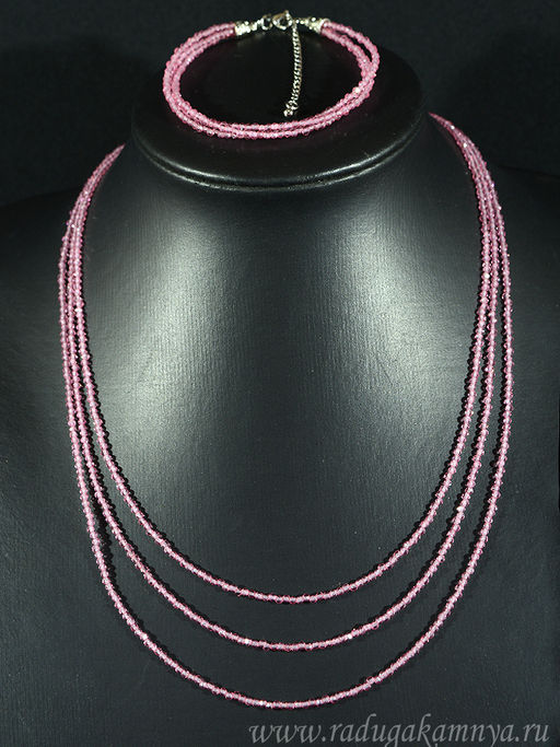Колье с браслетом из шпинели цв.розовый, 3 нити, шарик гр.2мм, 47см, 19см, 15г