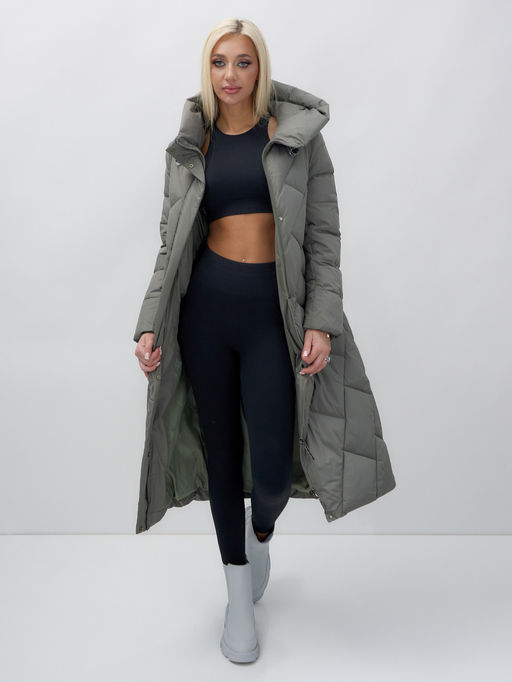 Пальто утепленное стеганное зимнее с капюшоном женское цвета хаки 9612Kh - Mtforce фото 13