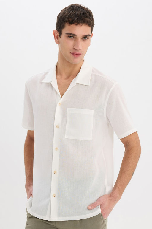 Relax Fit Polo Yaka Keten G_r_n_ml_ Yazl_k K_sa Kollu Beyaz G_mlek