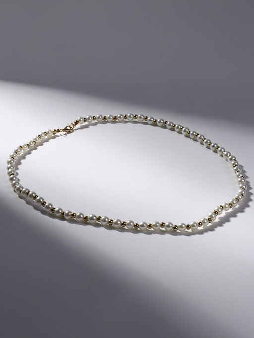 Бусы Жемчуг дуэт бусин, шар №6, белые в золоте, 53 см