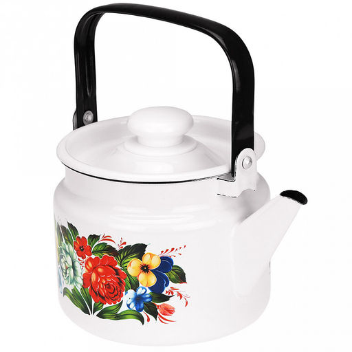 "Татьяна" Чайник эмалированный 2л, д16см, h13см, металлическая крышка с пластмассовой ручкой-кнопкой, металлическая подвижная ручка (Россия)