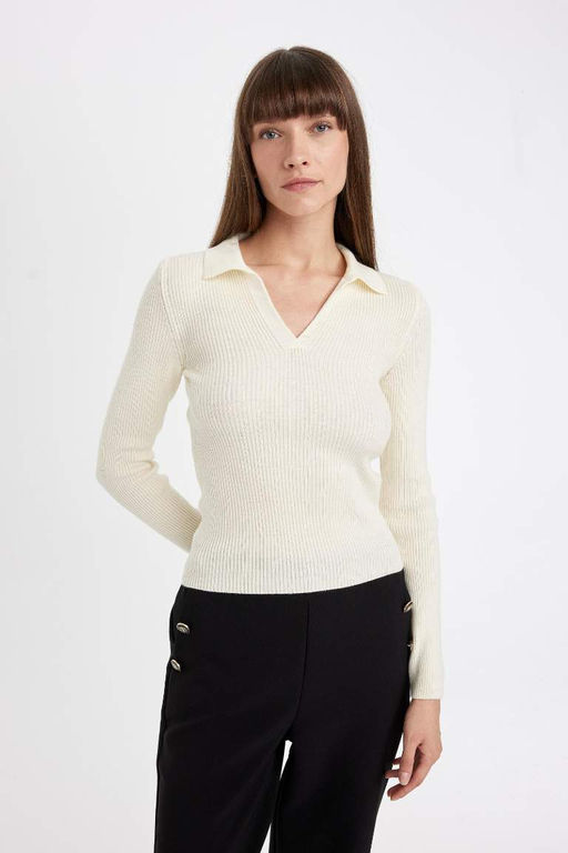 Приталенный свитер в рубчик с воротником-поло - Defacto фото 7