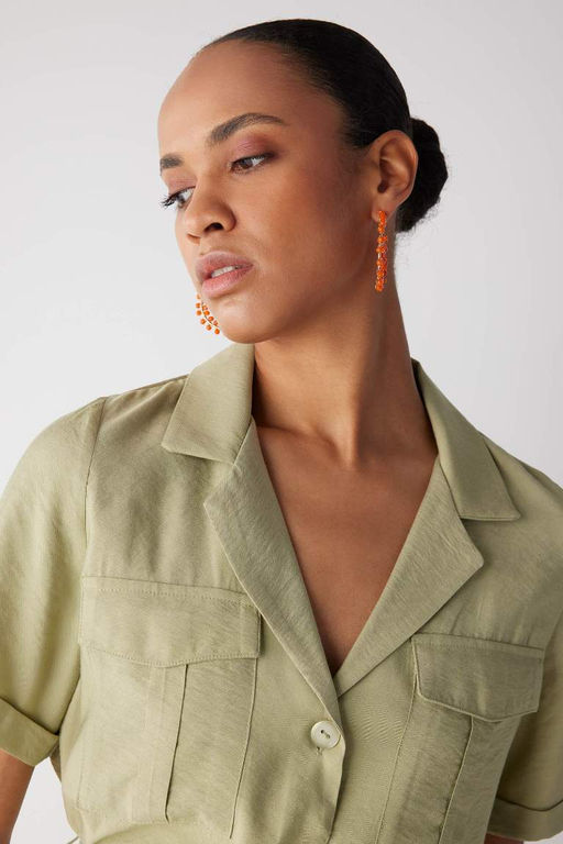 Базовое прямое платье миди из саржи с короткими рукавами и воротником-жакетом с поясом - Defacto фото 4