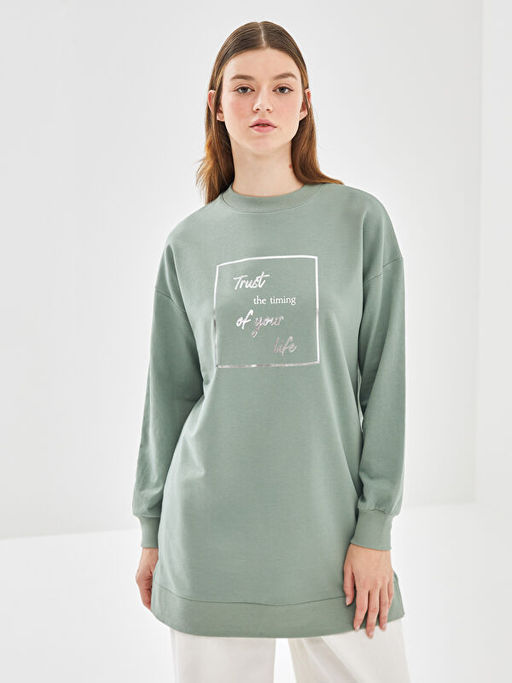 Bisiklet Yaka Bask?l? Kad?n Sweatshirt Tunik